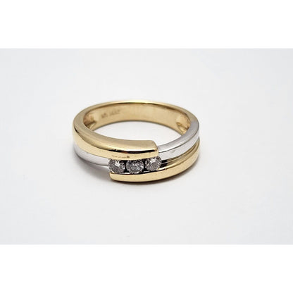 14K Two Tone Gold 3 Stone Diamond Wedding Band Ring