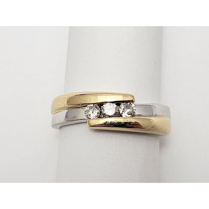 14K Two Tone Gold 3 Stone Diamond Wedding Band Ring