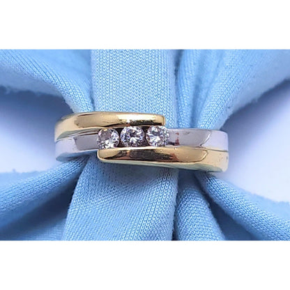 14K Two Tone Gold 3 Stone Diamond Wedding Band Ring