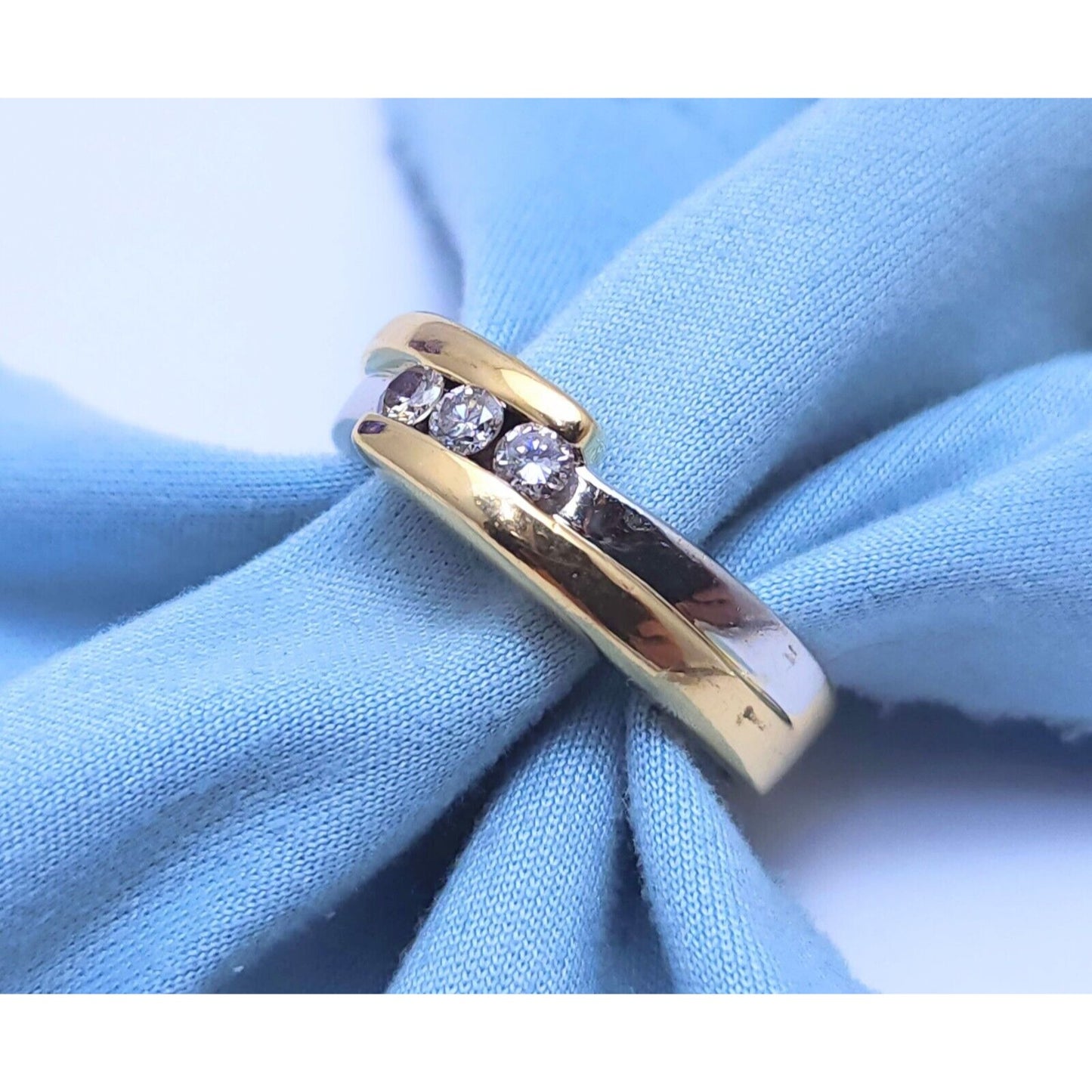 14K Two Tone Gold 3 Stone Diamond Wedding Band Ring