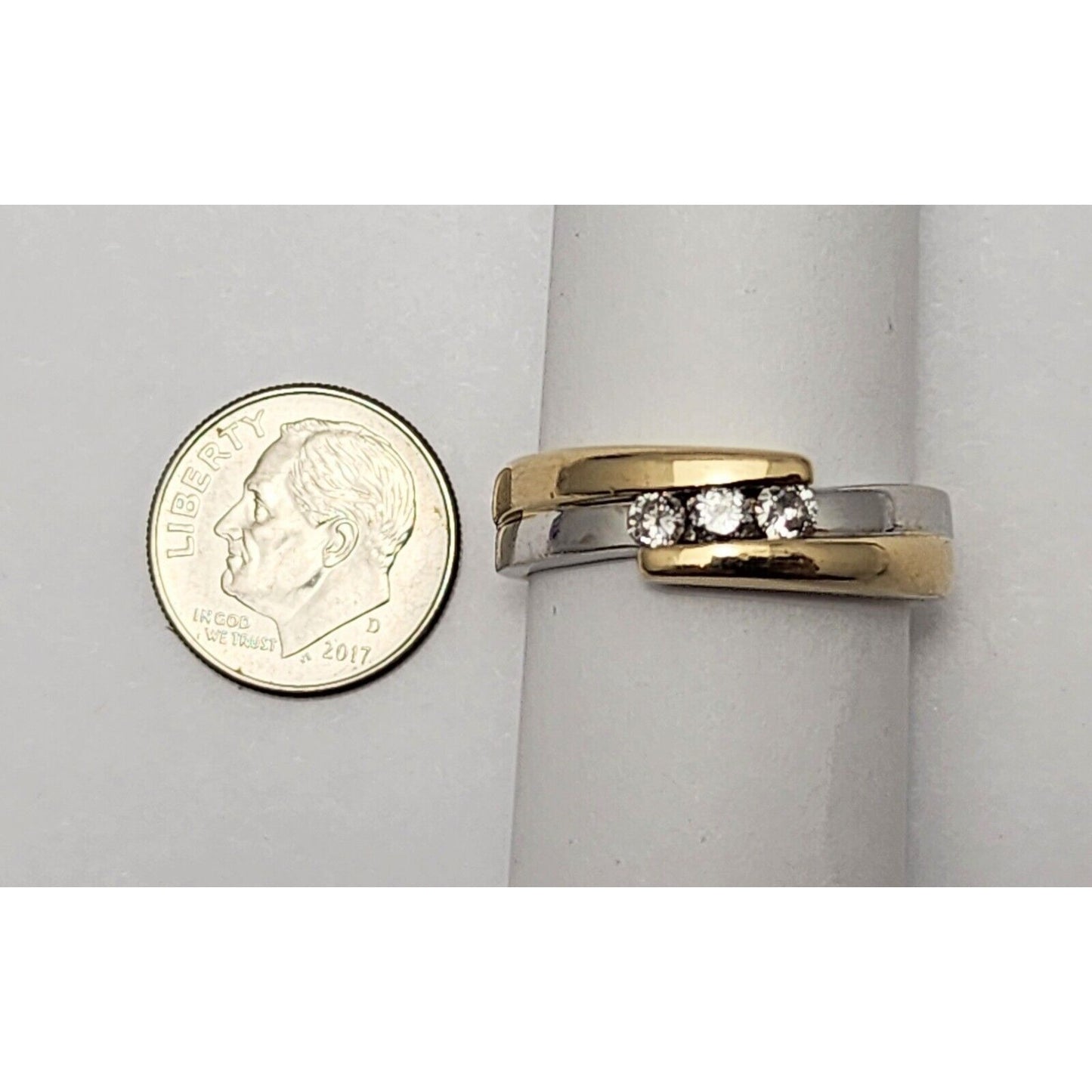 14K Two Tone Gold 3 Stone Diamond Wedding Band Ring