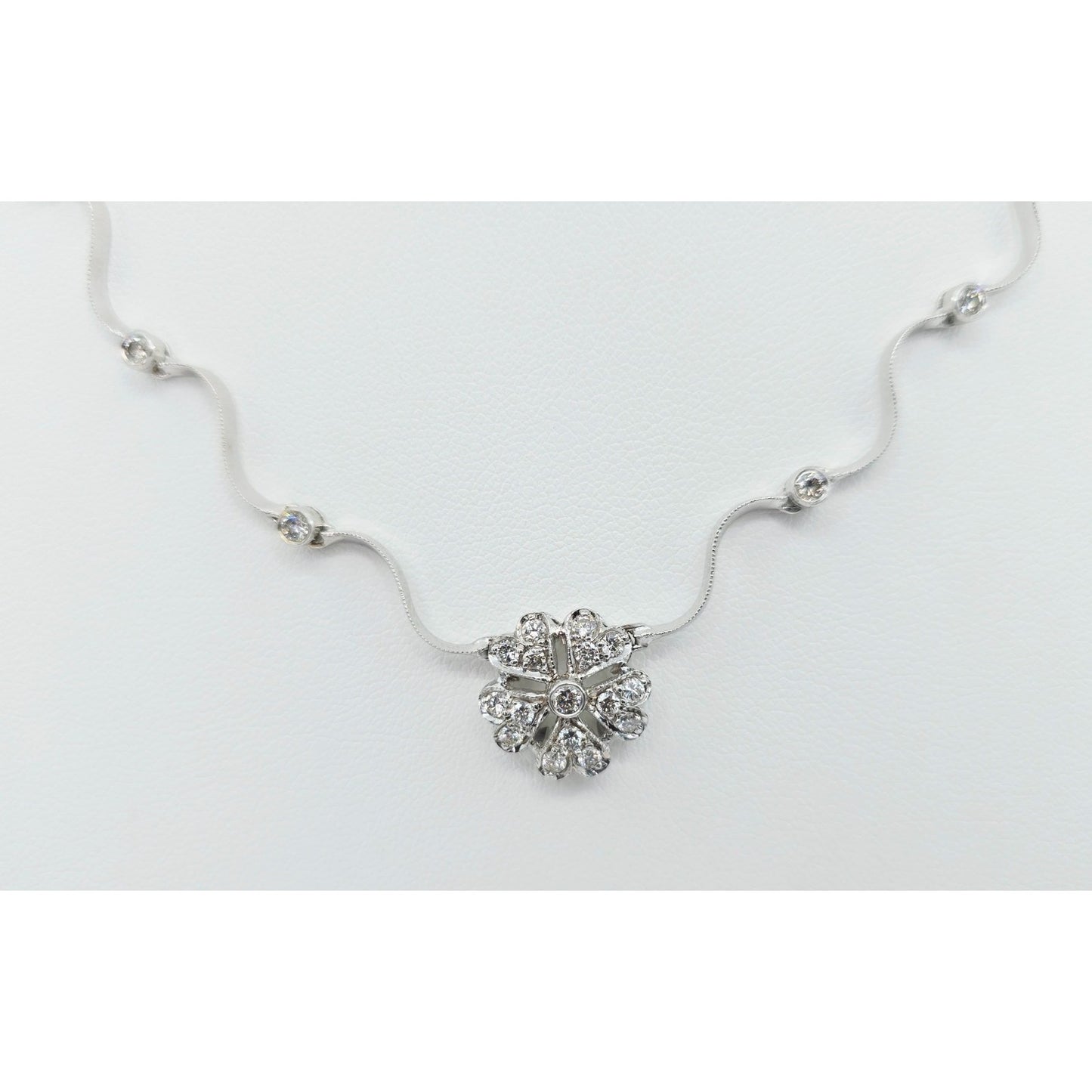 14K Solid White Gold Diamond Necklace with Flower Shaped Diamond Charm Pendant