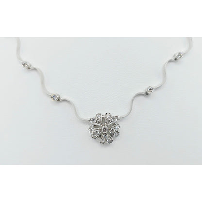 14K Solid White Gold Diamond Necklace with Flower Shaped Diamond Charm Pendant