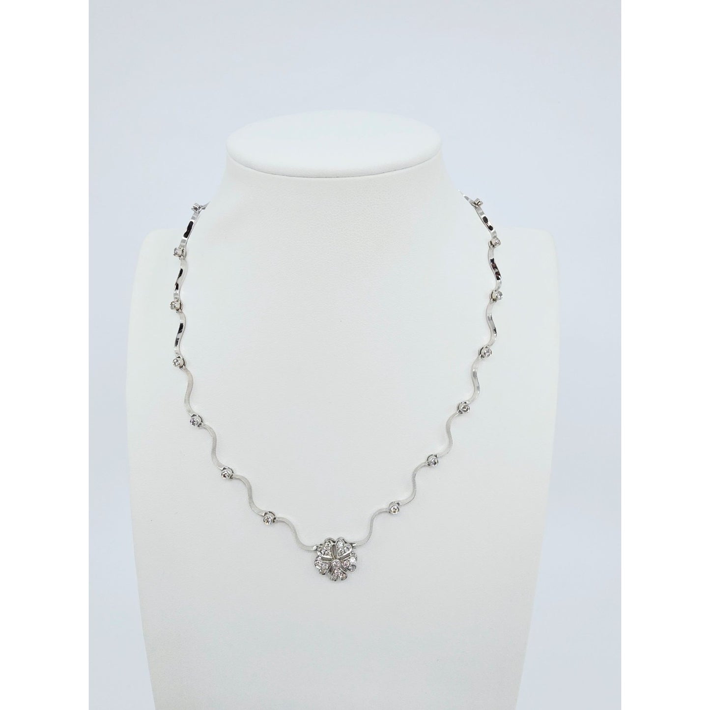 14K Solid White Gold Diamond Necklace with Flower Shaped Diamond Charm Pendant