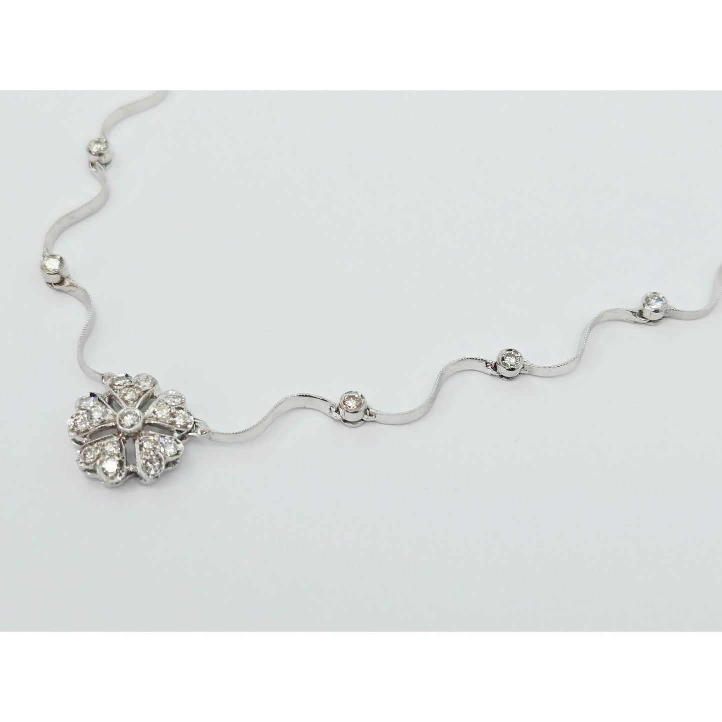14K Solid White Gold Diamond Necklace with Flower Shaped Diamond Charm Pendant