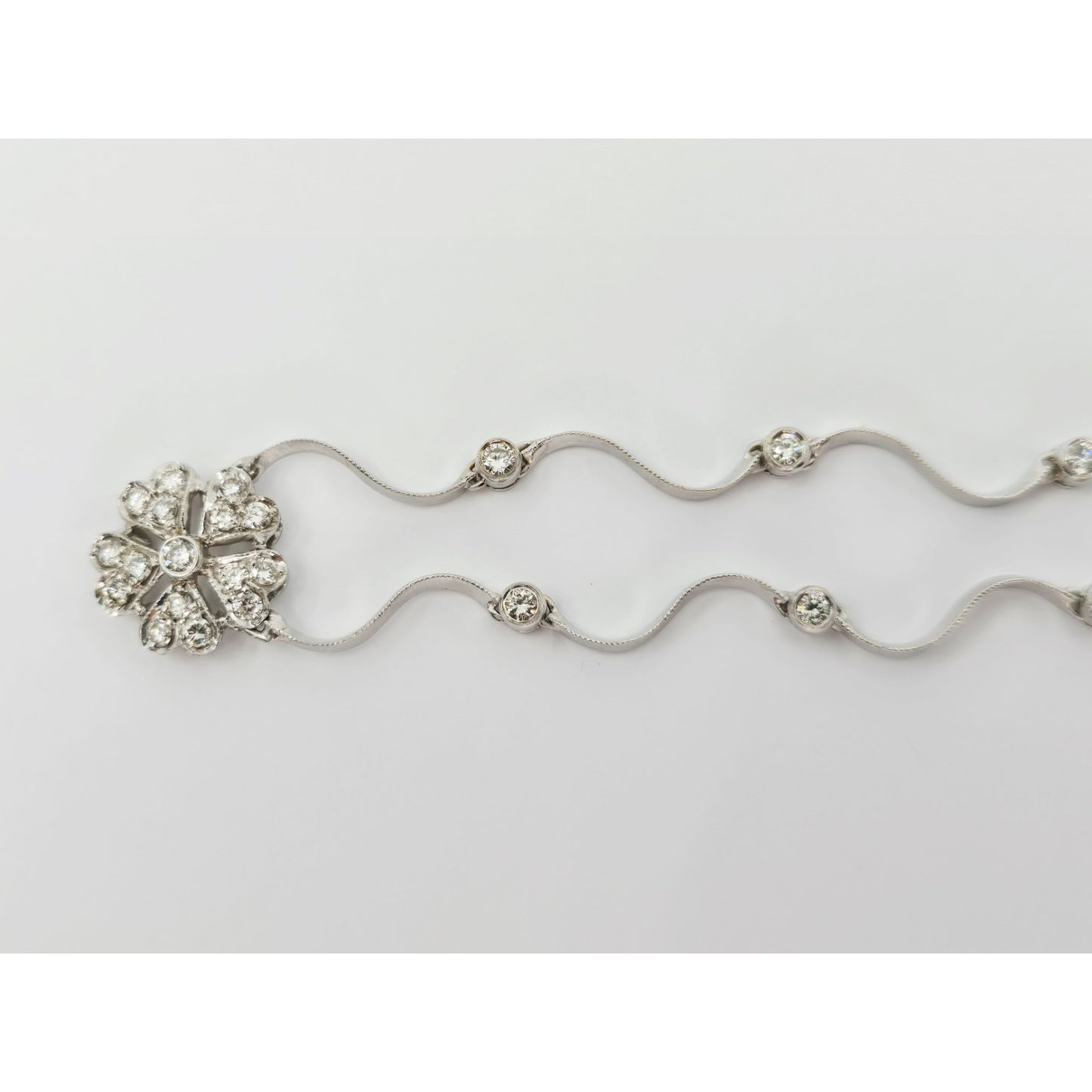 14K Solid White Gold Diamond Necklace with Flower Shaped Diamond Charm Pendant