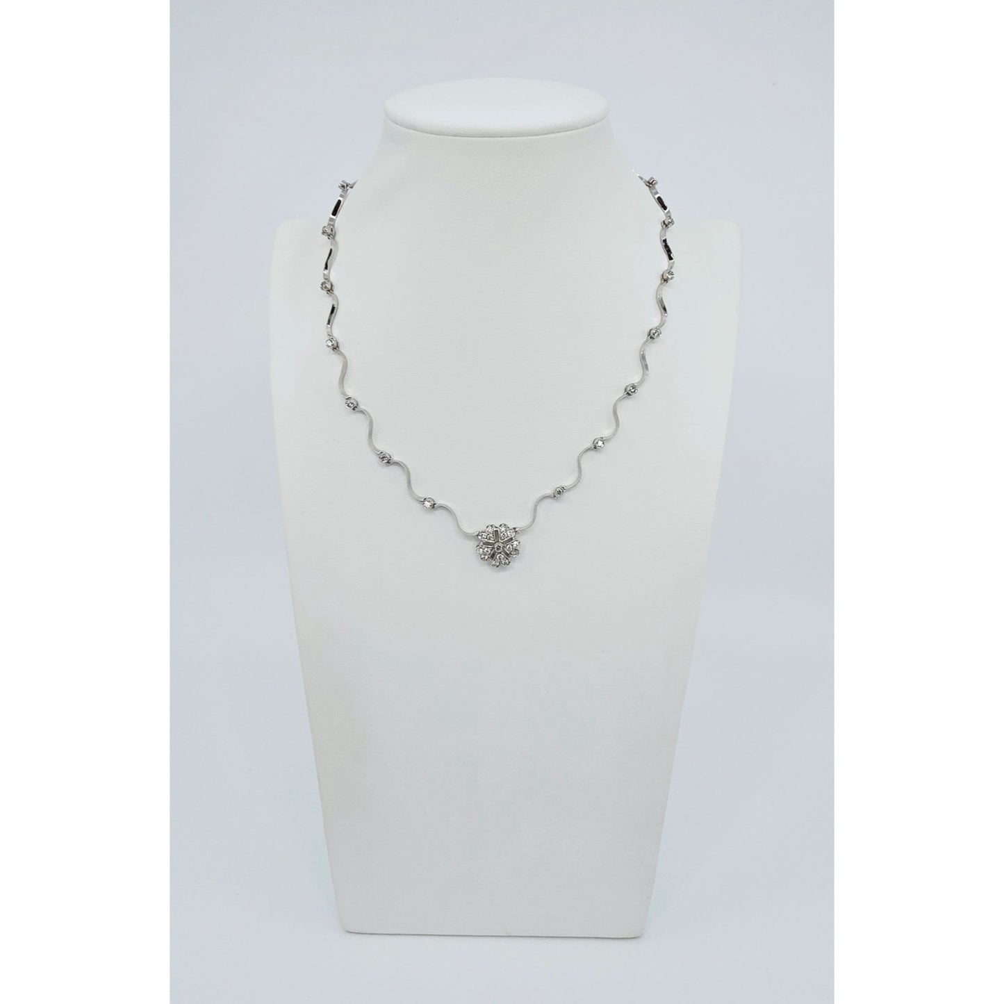 14K Solid White Gold Diamond Necklace with Flower Shaped Diamond Charm Pendant