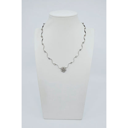 14K Solid White Gold Diamond Necklace with Flower Shaped Diamond Charm Pendant