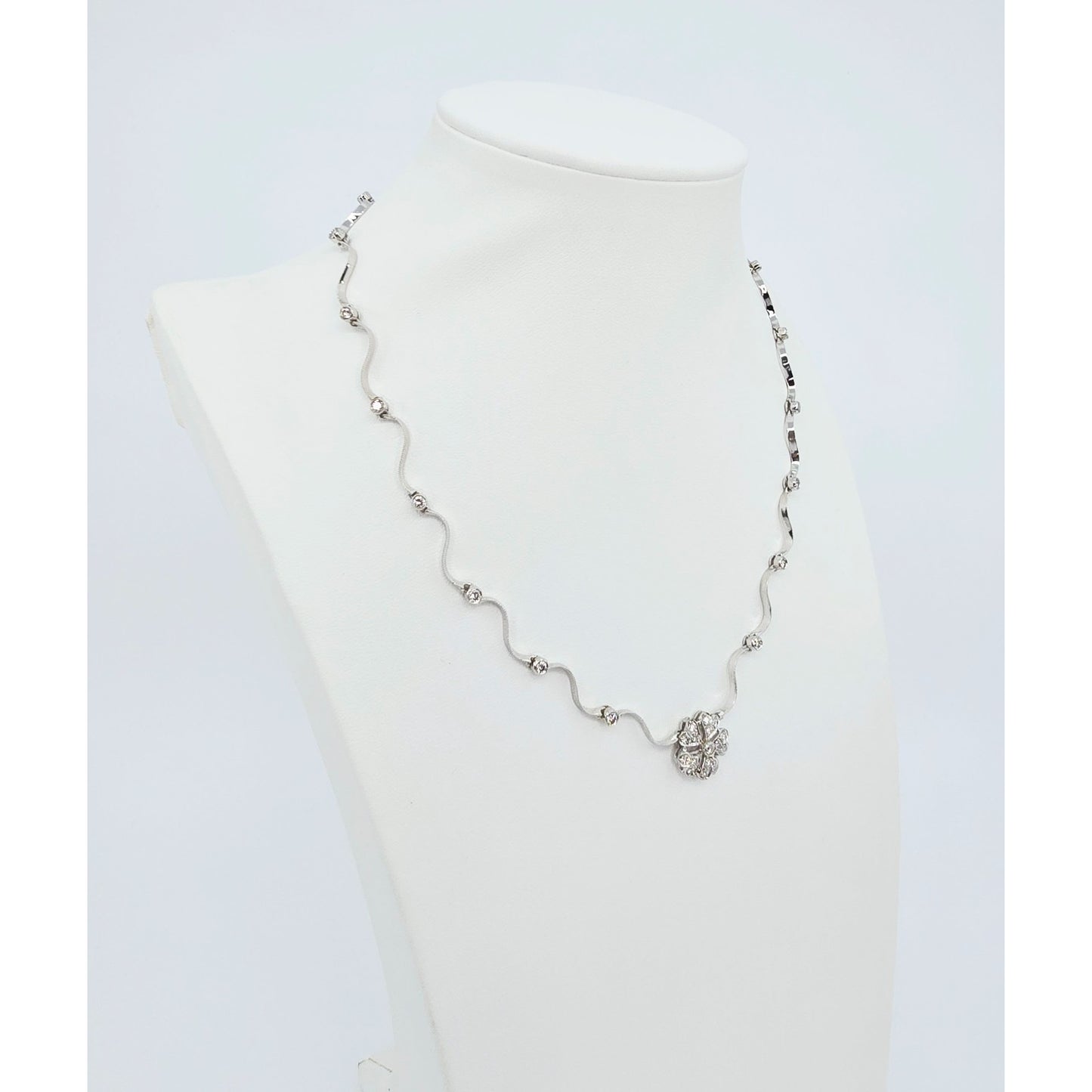 14K Solid White Gold Diamond Necklace with Flower Shaped Diamond Charm Pendant