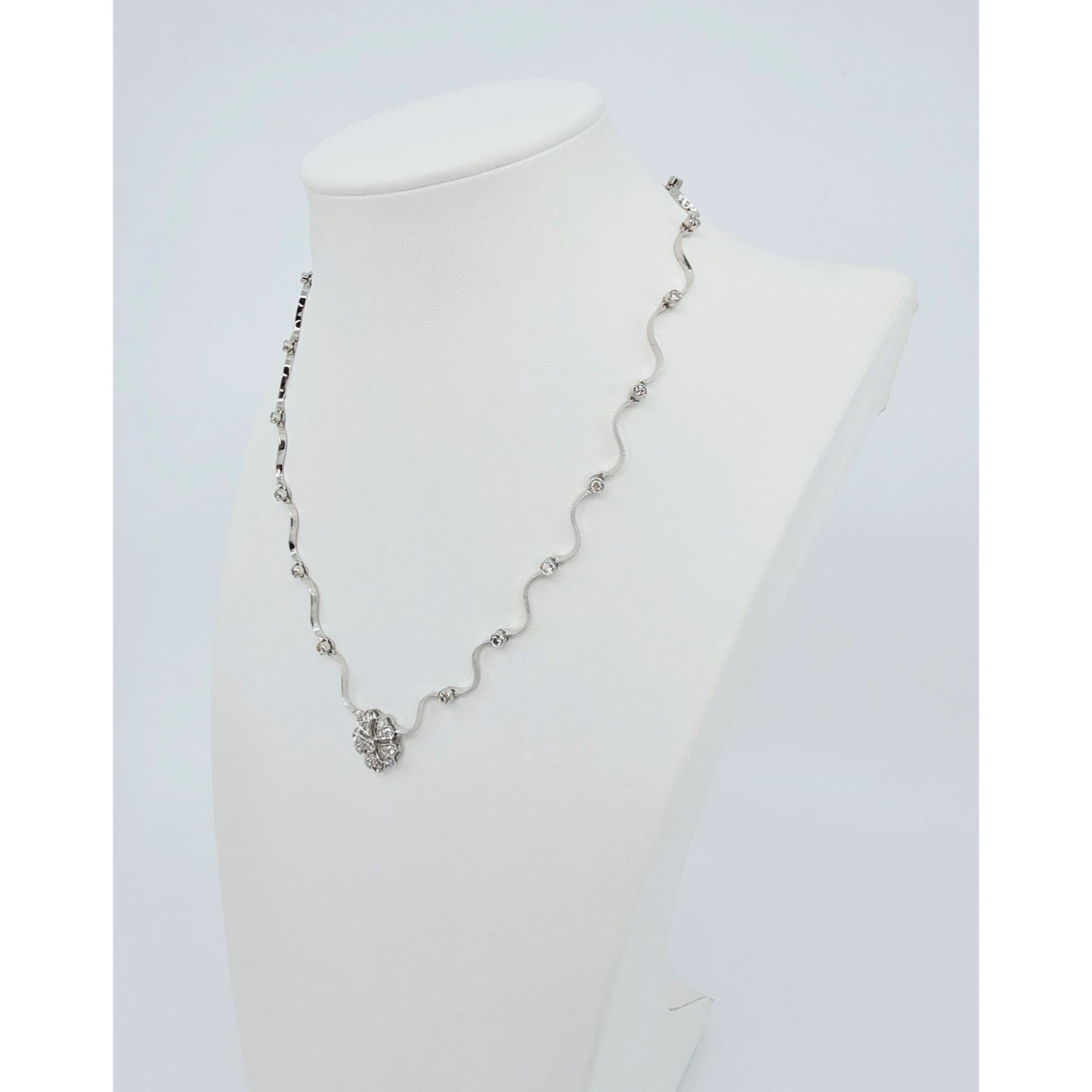 14K Solid White Gold Diamond Necklace with Flower Shaped Diamond Charm Pendant