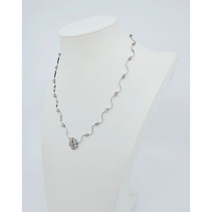 14K Solid White Gold Diamond Necklace with Flower Shaped Diamond Charm Pendant