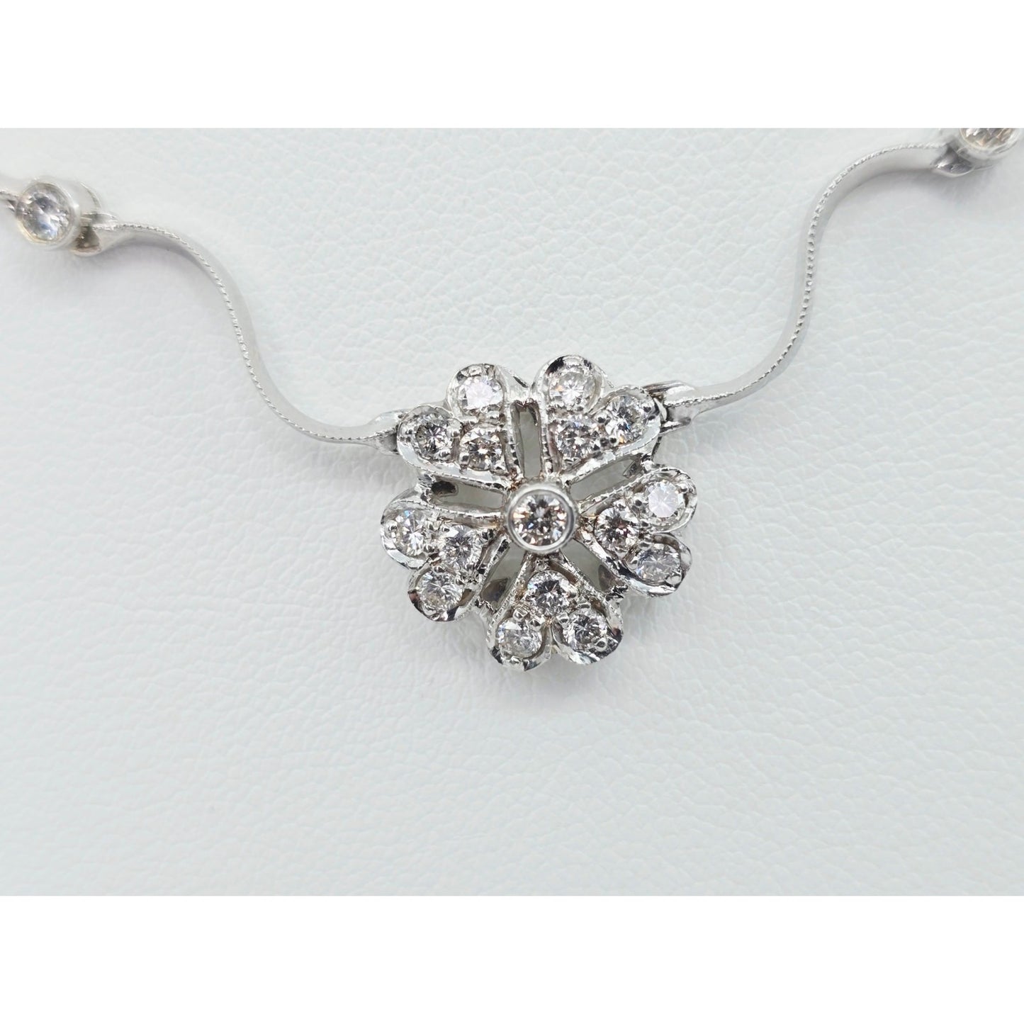 14K Solid White Gold Diamond Necklace with Flower Shaped Diamond Charm Pendant