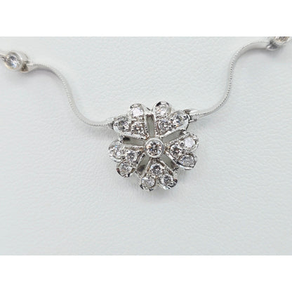 14K Solid White Gold Diamond Necklace with Flower Shaped Diamond Charm Pendant