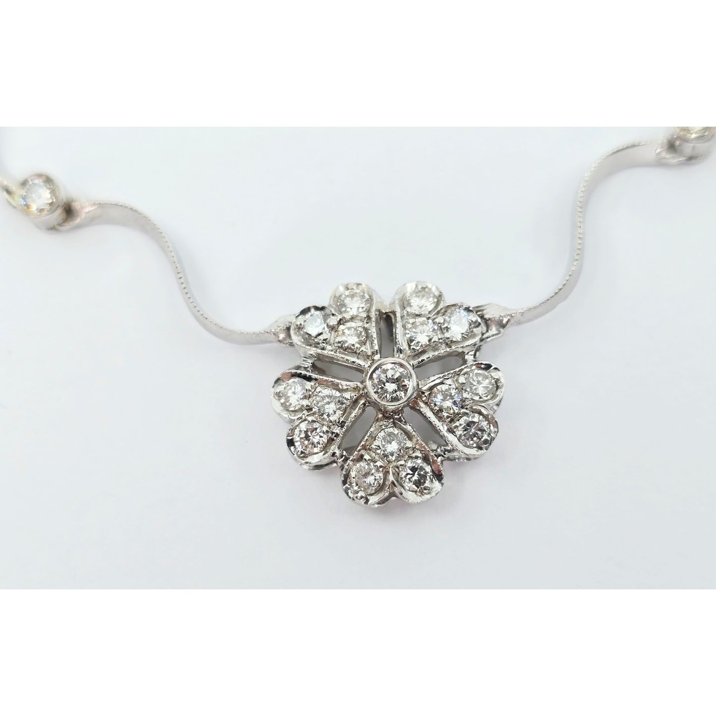 14K Solid White Gold Diamond Necklace with Flower Shaped Diamond Charm Pendant