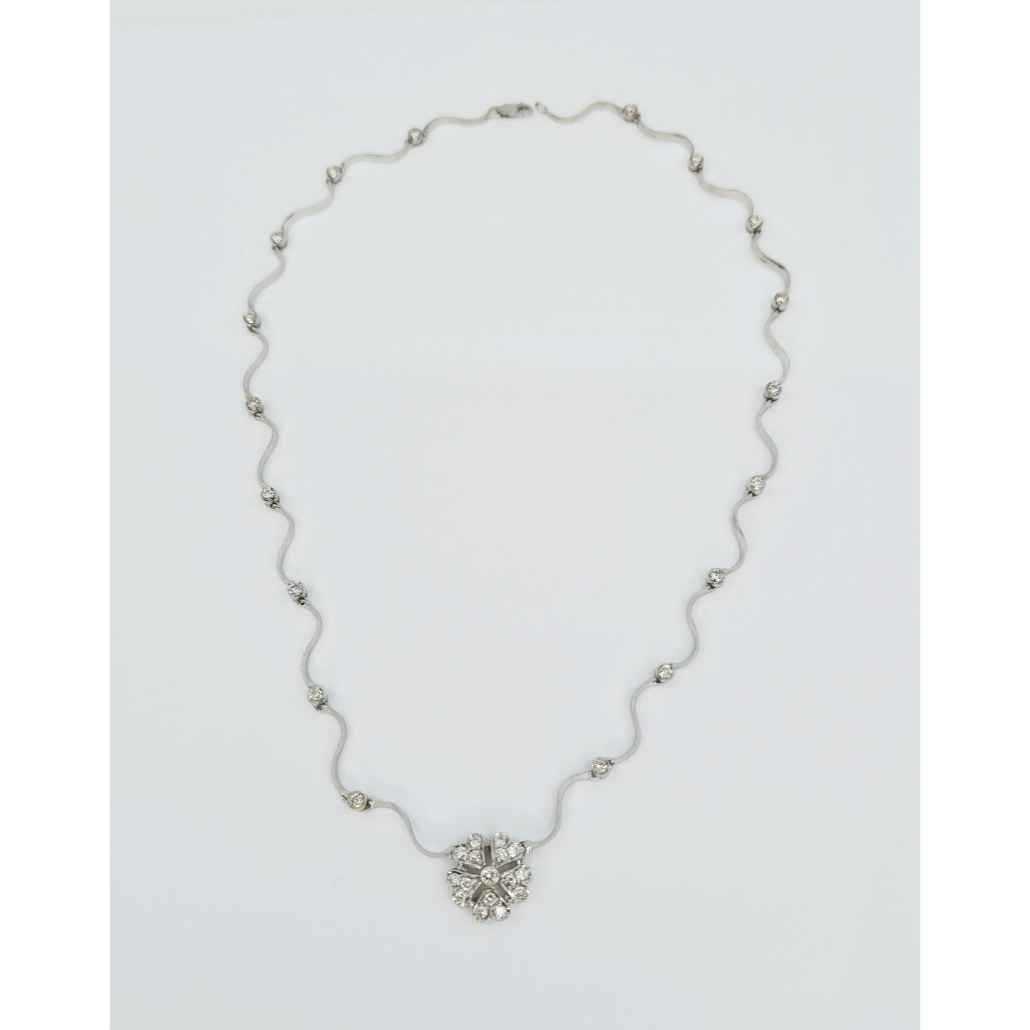 14K Solid White Gold Diamond Necklace with Flower Shaped Diamond Charm Pendant