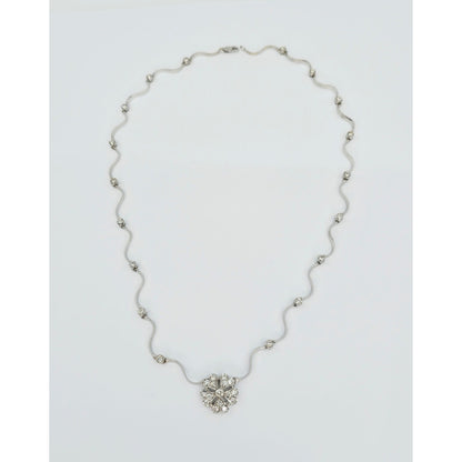 14K Solid White Gold Diamond Necklace with Flower Shaped Diamond Charm Pendant