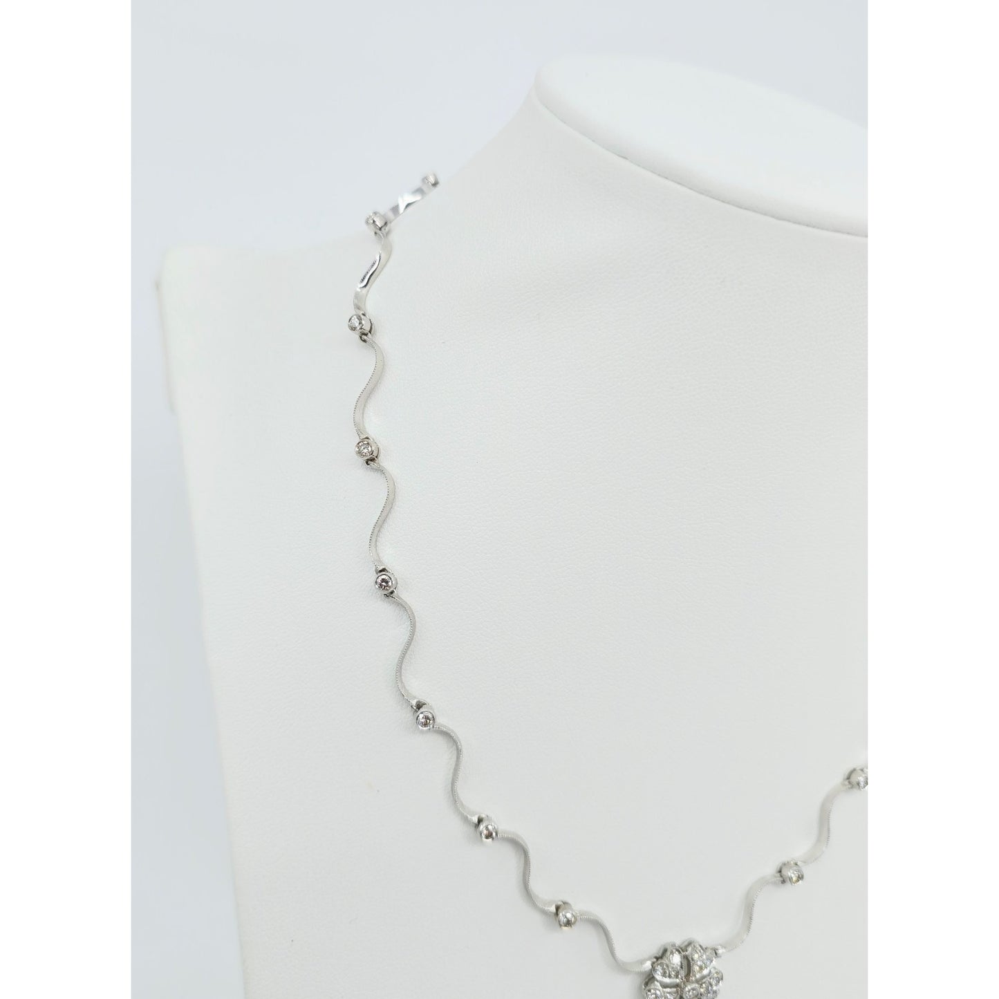 14K Solid White Gold Diamond Necklace with Flower Shaped Diamond Charm Pendant