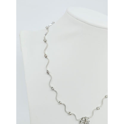 14K Solid White Gold Diamond Necklace with Flower Shaped Diamond Charm Pendant