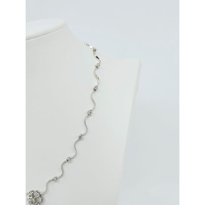 14K Solid White Gold Diamond Necklace with Flower Shaped Diamond Charm Pendant