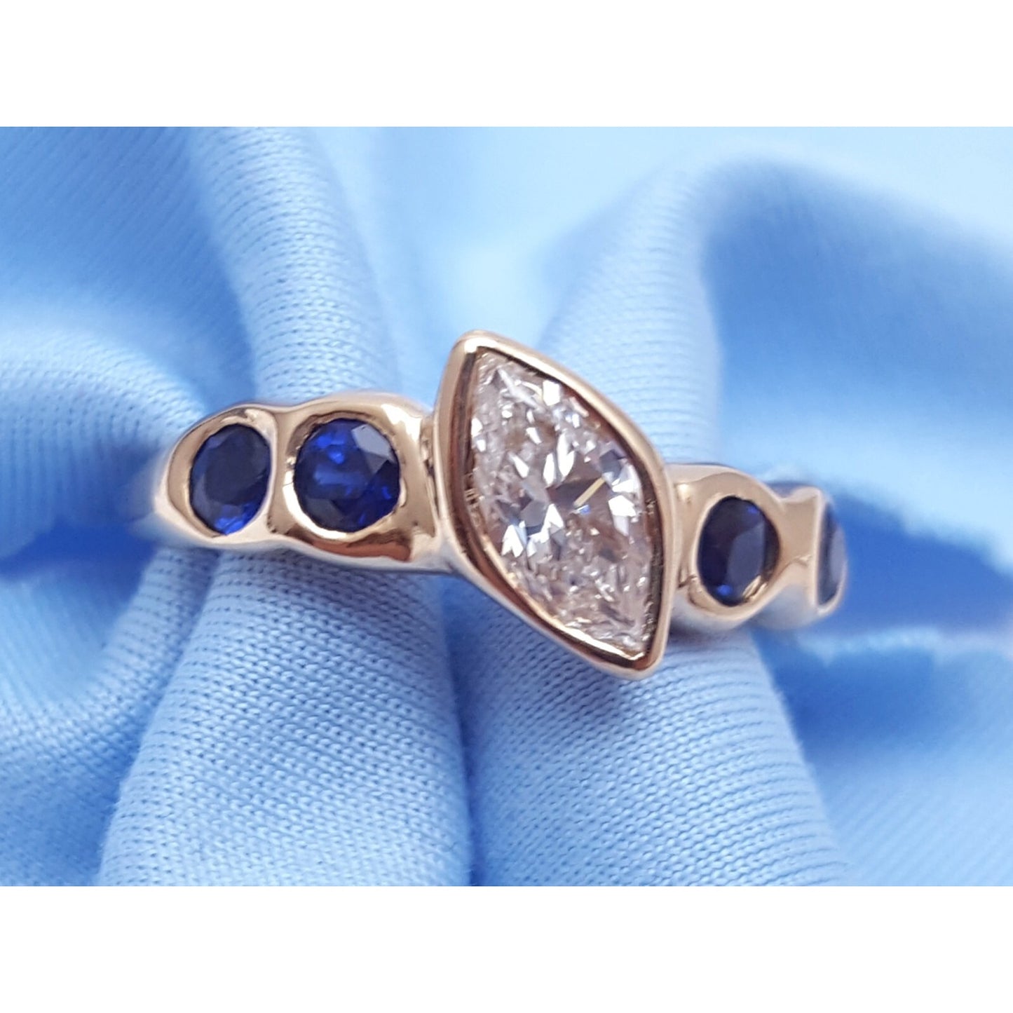 Vintage 14K Yellow Gold Marquise Diamond & Round Sapphire Ring