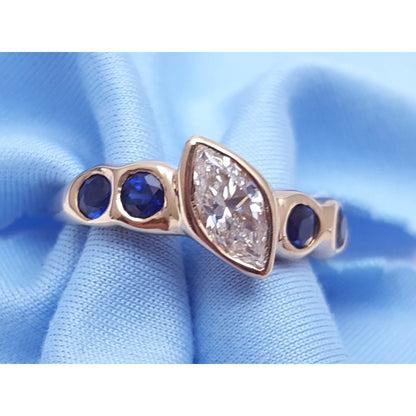 Vintage 14K Yellow Gold Marquise Diamond & Round Sapphire Ring