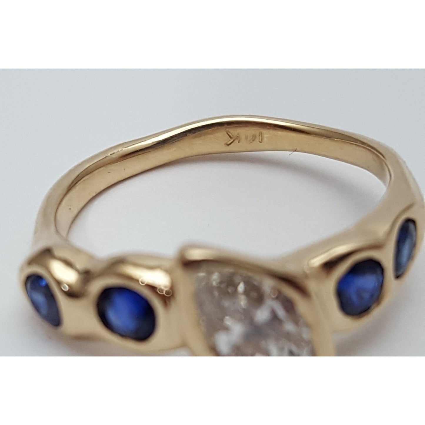 Vintage 14K Yellow Gold Marquise Diamond & Round Sapphire Ring
