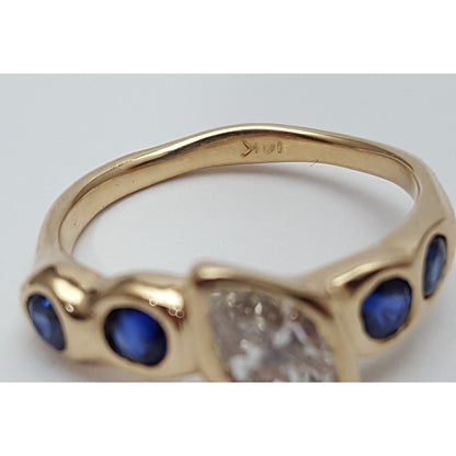 Vintage 14K Yellow Gold Marquise Diamond & Round Sapphire Ring