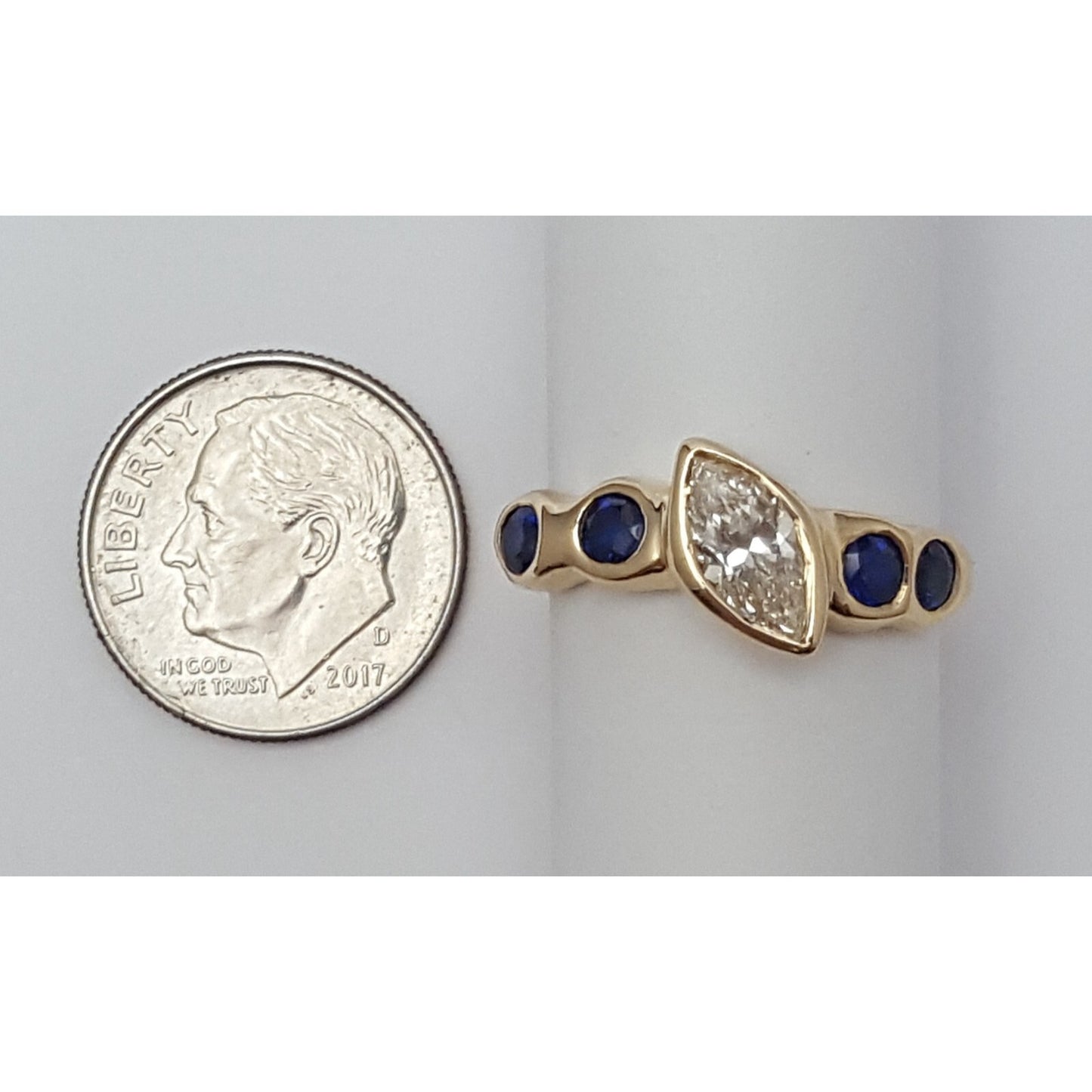 Vintage 14K Yellow Gold Marquise Diamond & Round Sapphire Ring