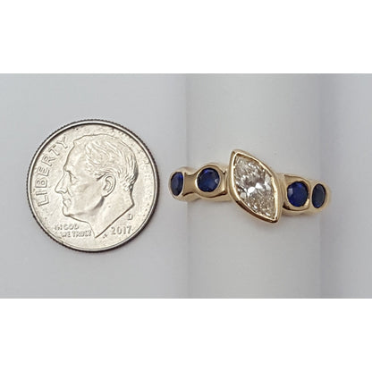 Vintage 14K Yellow Gold Marquise Diamond & Round Sapphire Ring