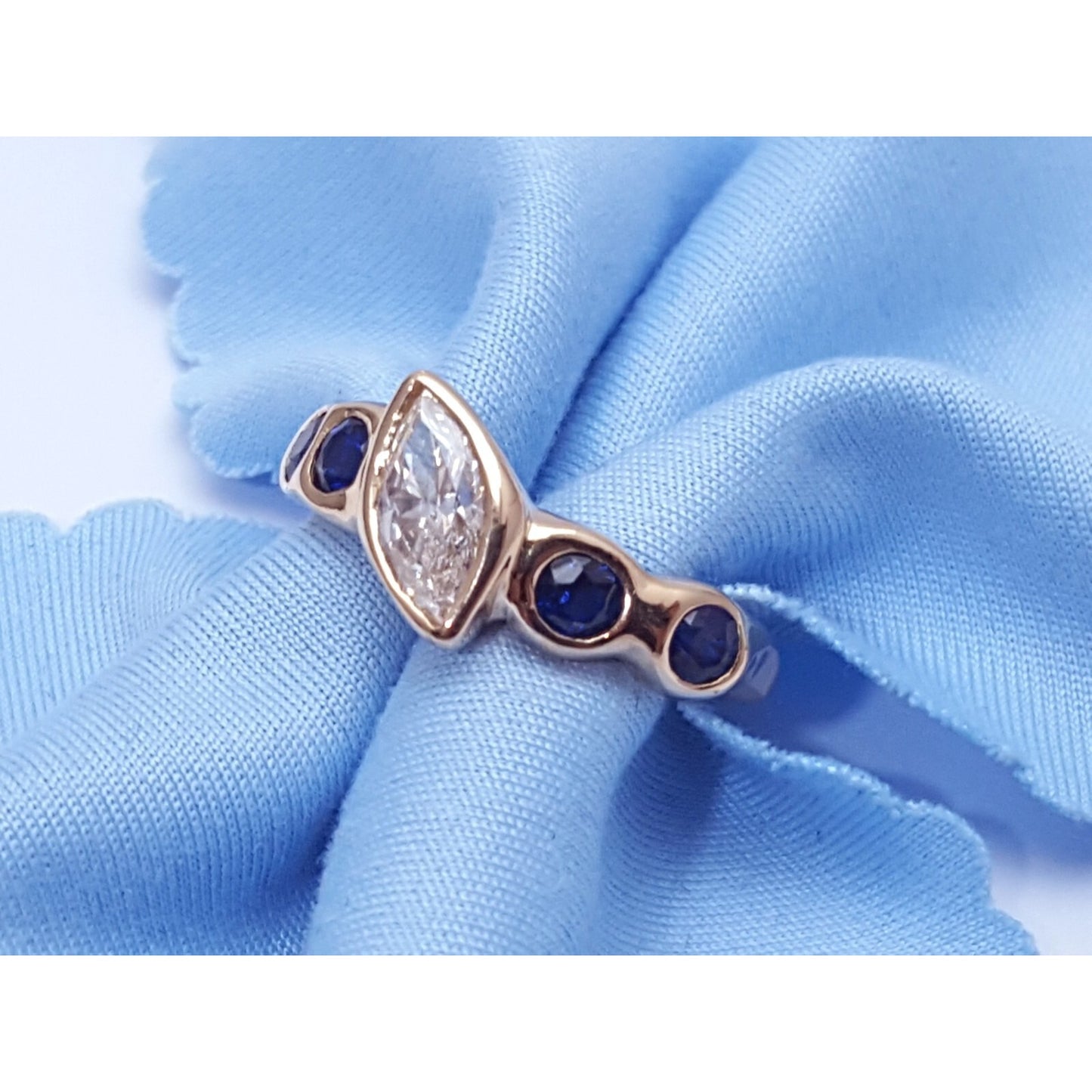 Vintage 14K Yellow Gold Marquise Diamond & Round Sapphire Ring