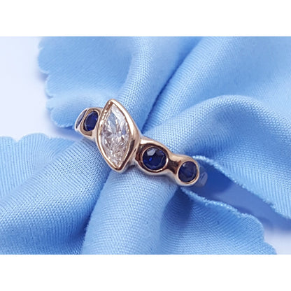 Vintage 14K Yellow Gold Marquise Diamond & Round Sapphire Ring