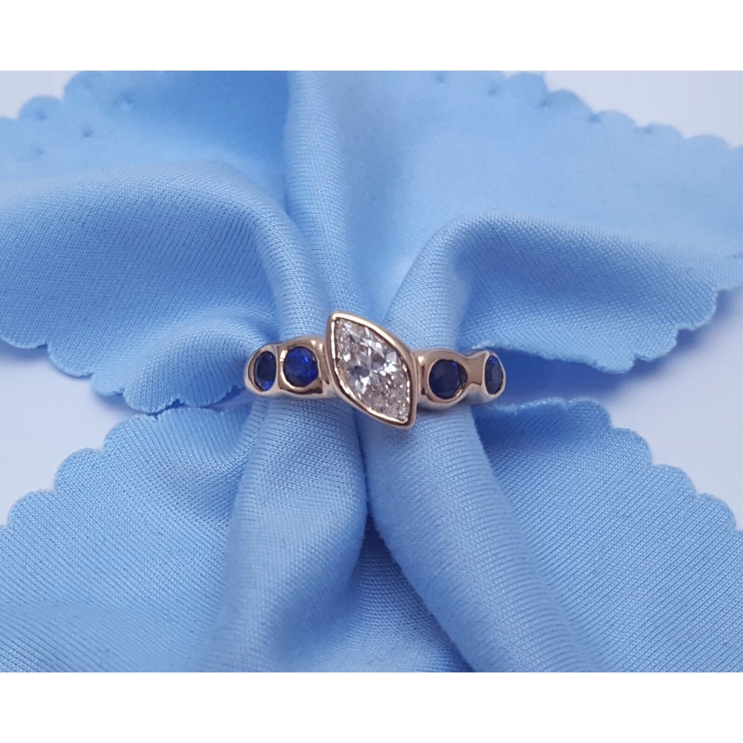 Vintage 14K Yellow Gold Marquise Diamond & Round Sapphire Ring