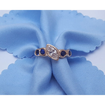 Vintage 14K Yellow Gold Marquise Diamond & Round Sapphire Ring