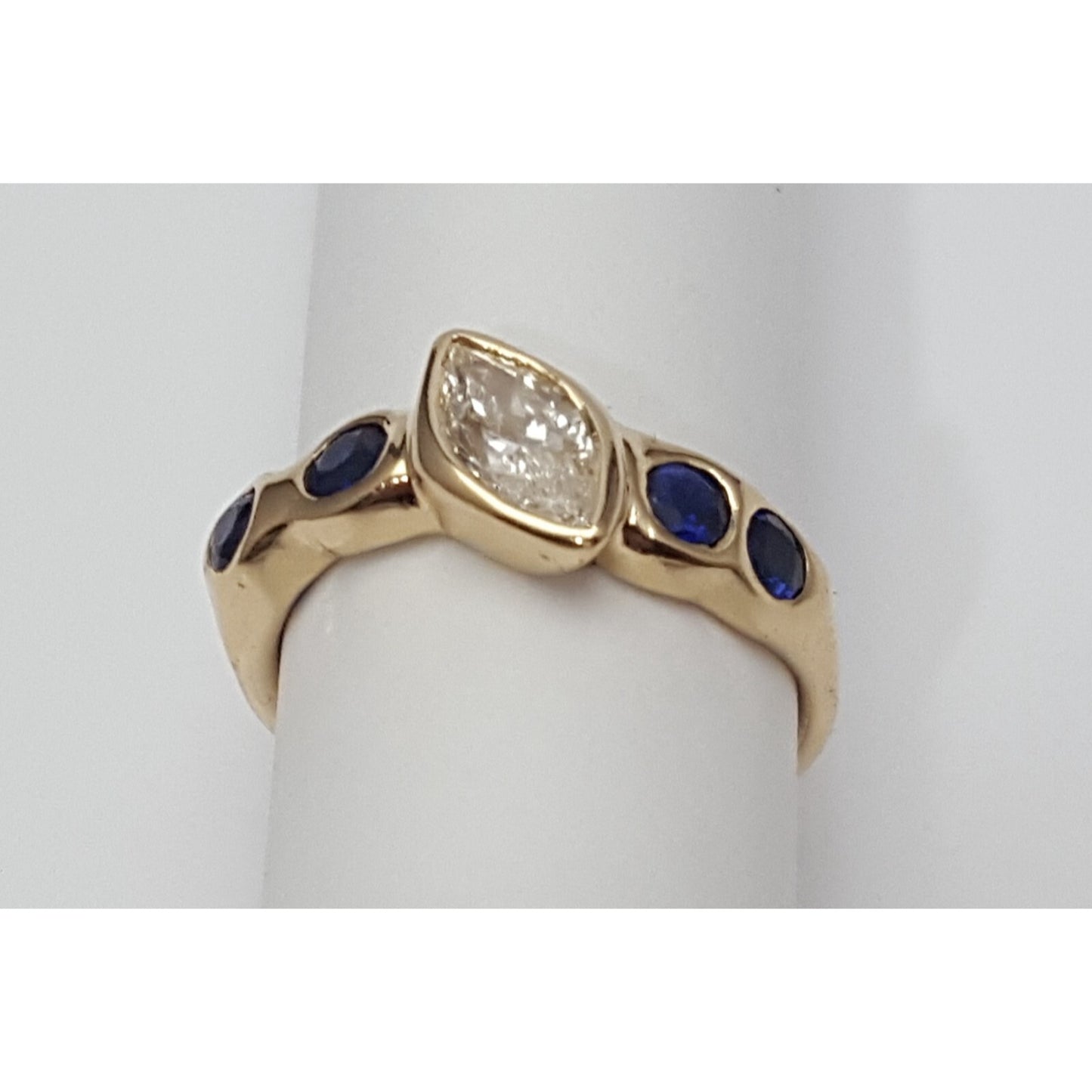 Vintage 14K Yellow Gold Marquise Diamond & Round Sapphire Ring