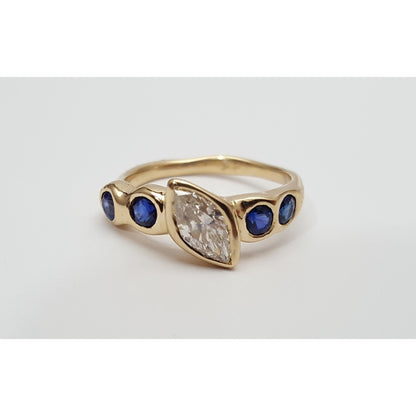 Vintage 14K Yellow Gold Marquise Diamond & Round Sapphire Ring