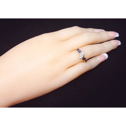 Vintage 14K Yellow Gold Marquise Diamond & Round Sapphire Ring