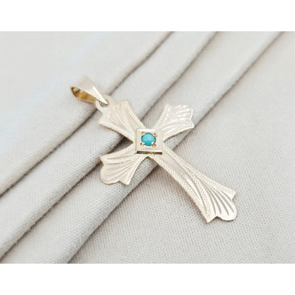 14K Rose Gold Diamond Cut Religious Turquoise Cross Charm Pendant
