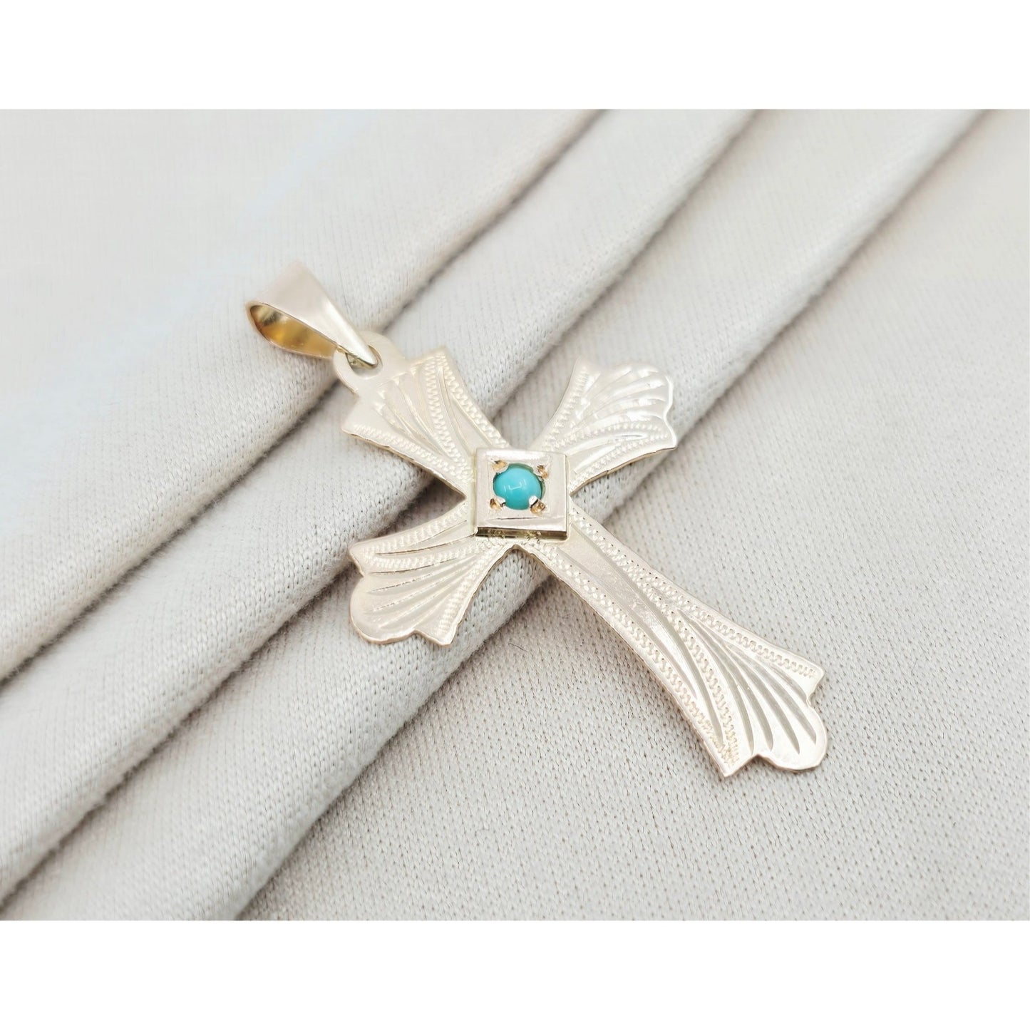 14K Rose Gold Diamond Cut Religious Turquoise Cross Charm Pendant