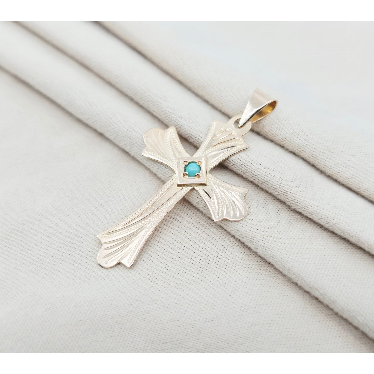 14K Rose Gold Diamond Cut Religious Turquoise Cross Charm Pendant