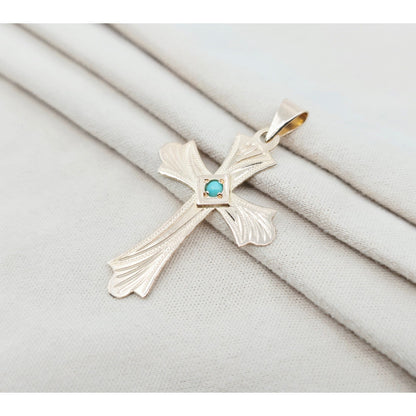 14K Rose Gold Diamond Cut Religious Turquoise Cross Charm Pendant