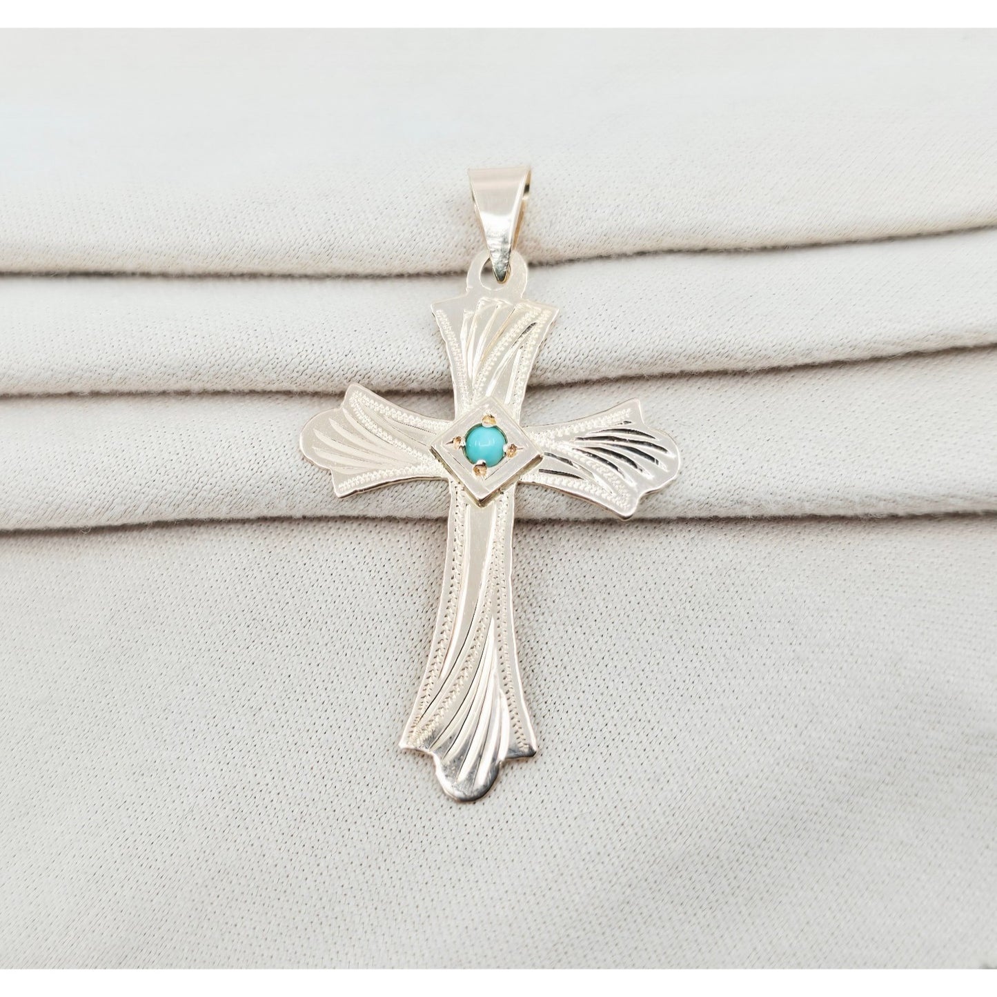 14K Rose Gold Diamond Cut Religious Turquoise Cross Charm Pendant