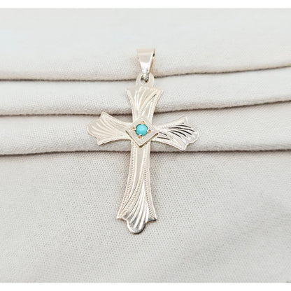 14K Rose Gold Diamond Cut Religious Turquoise Cross Charm Pendant