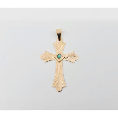 14K Rose Gold Diamond Cut Religious Turquoise Cross Charm Pendant