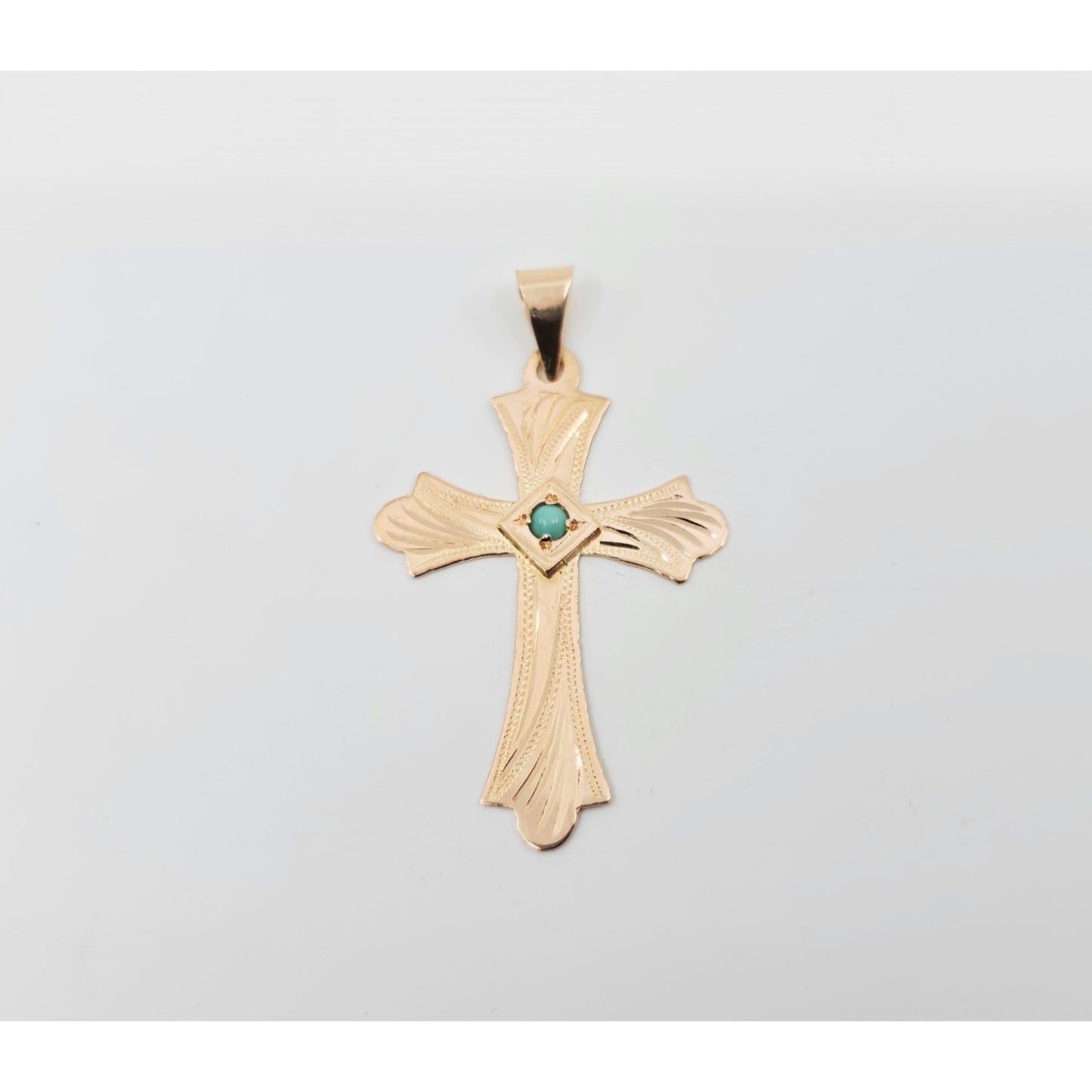 14K Rose Gold Diamond Cut Religious Turquoise Cross Charm Pendant