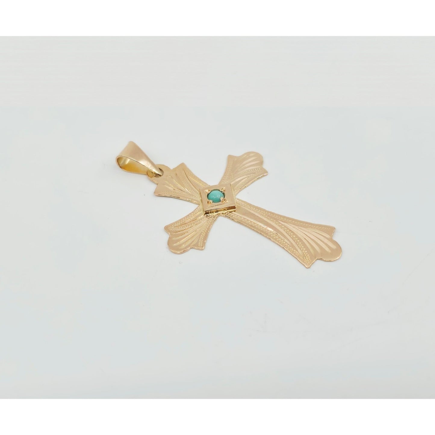 14K Rose Gold Diamond Cut Religious Turquoise Cross Charm Pendant