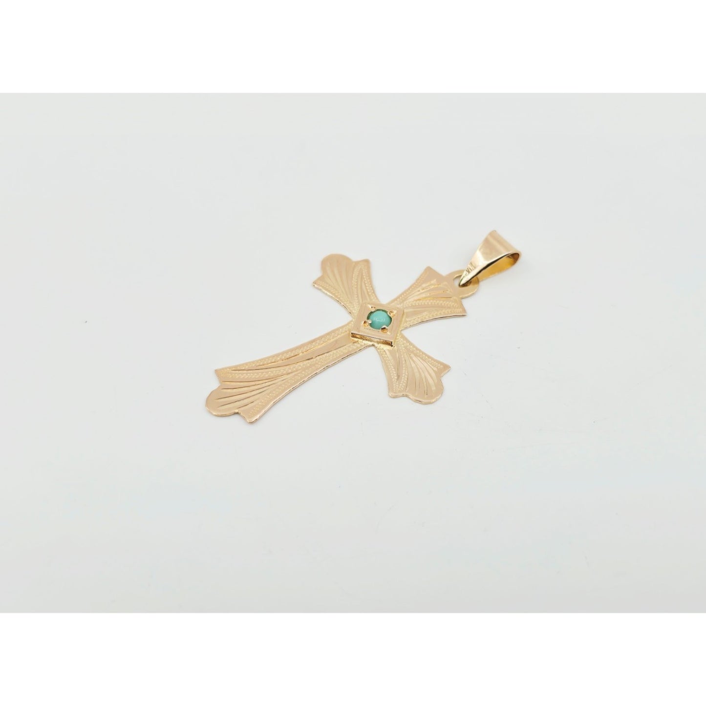 14K Rose Gold Diamond Cut Religious Turquoise Cross Charm Pendant