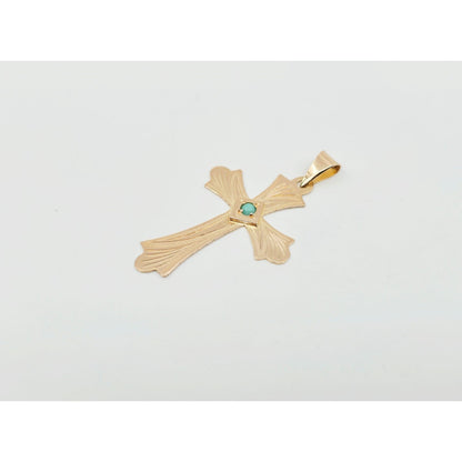 14K Rose Gold Diamond Cut Religious Turquoise Cross Charm Pendant
