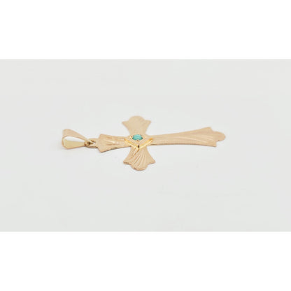 14K Rose Gold Diamond Cut Religious Turquoise Cross Charm Pendant