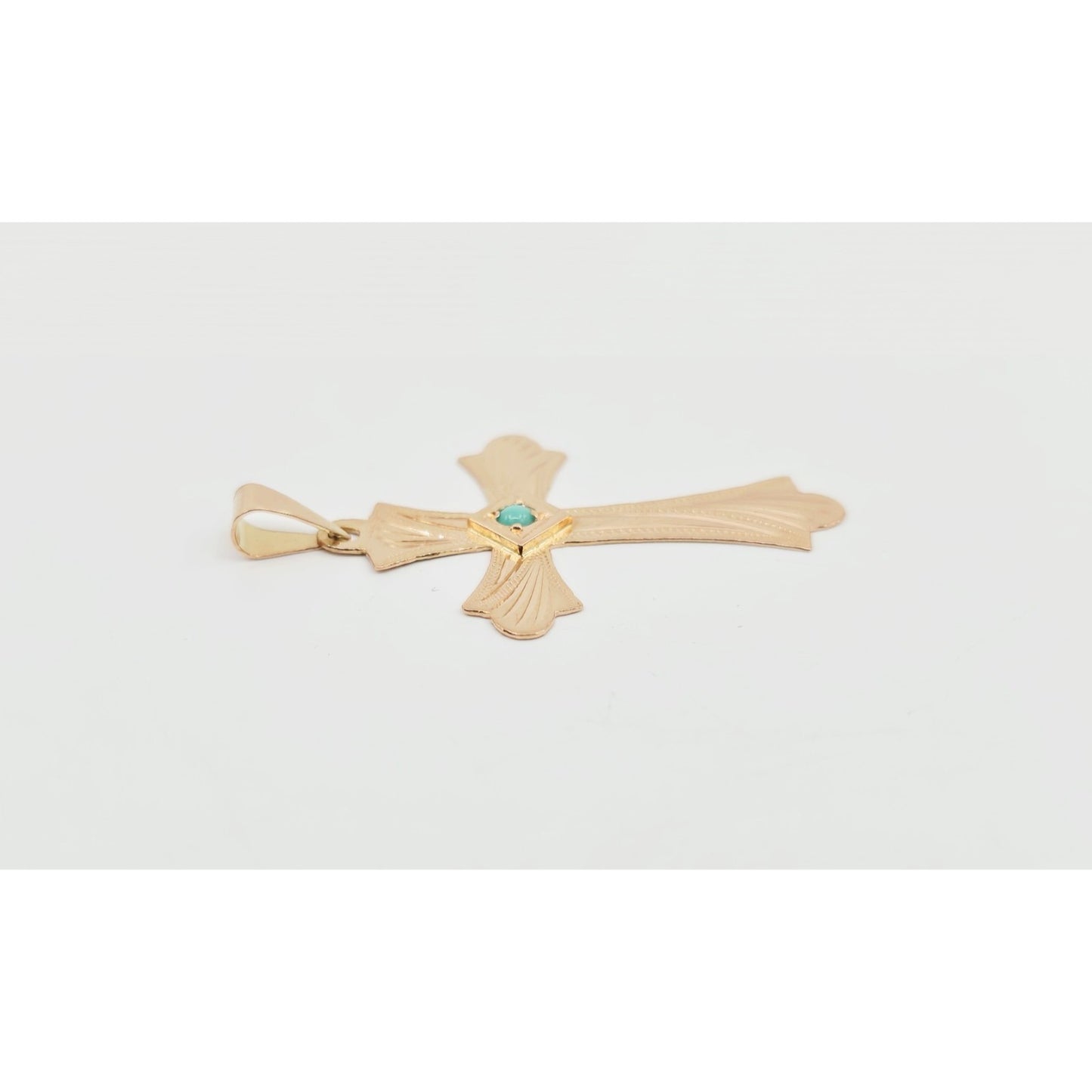 14K Rose Gold Diamond Cut Religious Turquoise Cross Charm Pendant