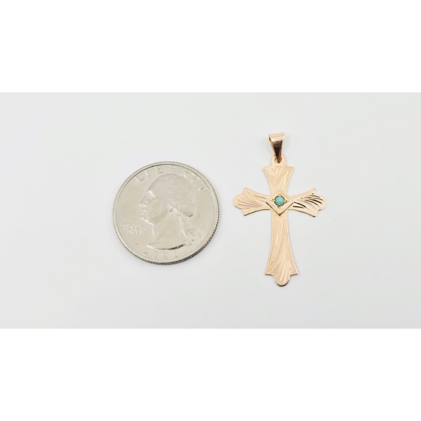 14K Rose Gold Diamond Cut Religious Turquoise Cross Charm Pendant